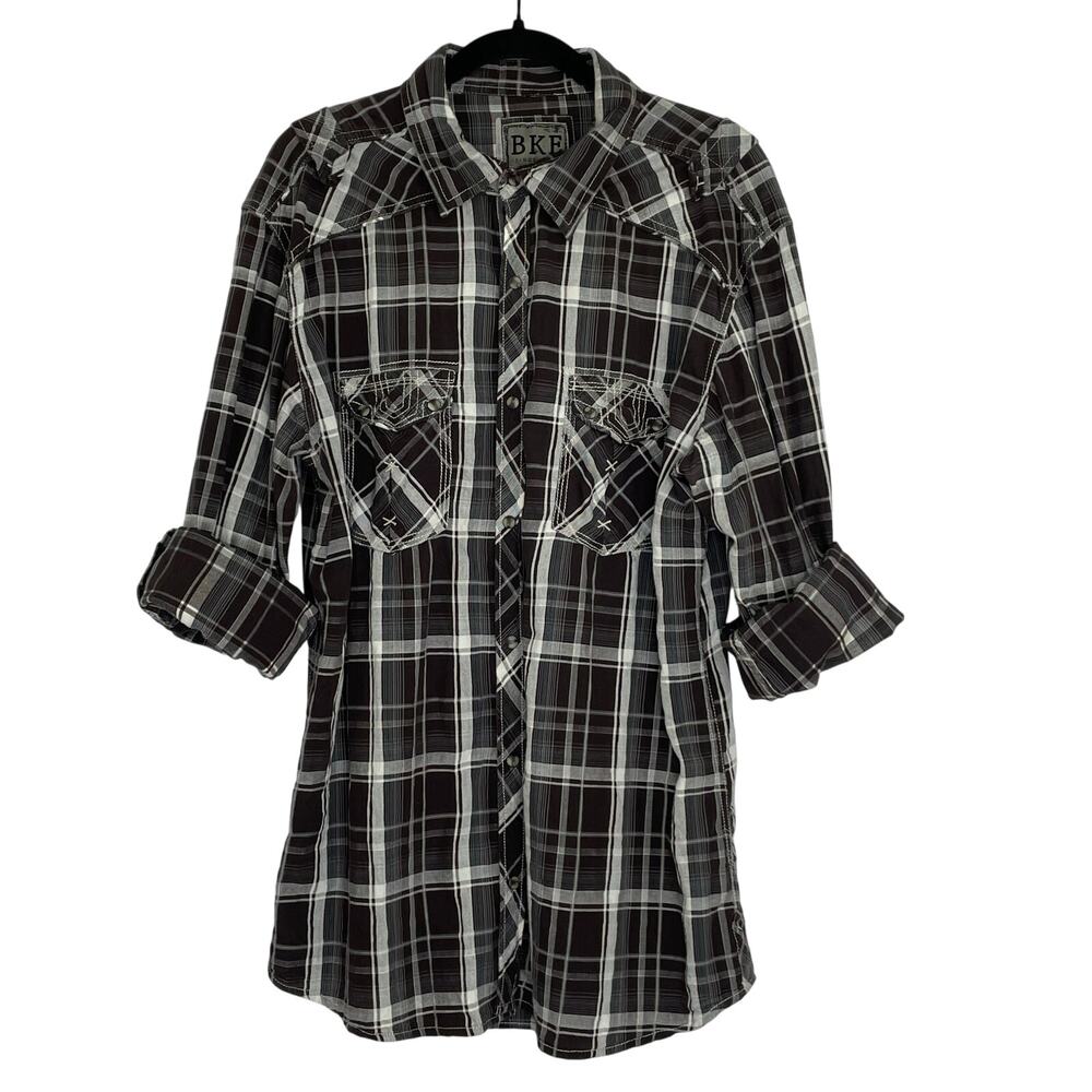 BKE Athletic Fit Brown Plaid Western Pearl Snap Down Shirt Men's size XL